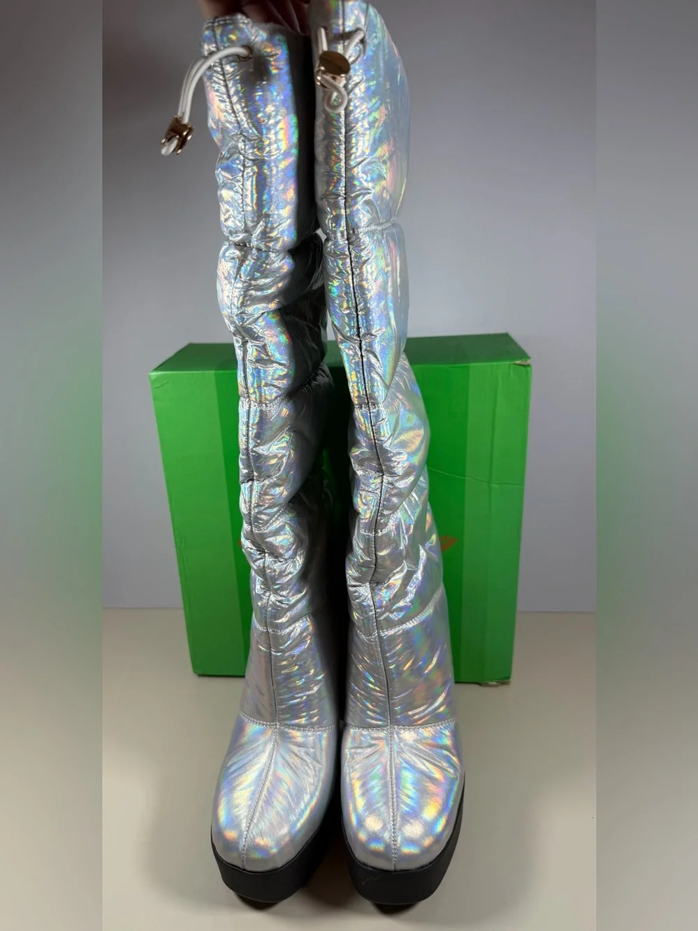 Holographic Silver Knee-High Block Heel Boots - Women